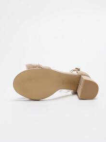 Summer Fashion Faux Pearl Bowknot Open Toe High Heel Shoes, Apricot Satin Strap Thick Heel Sandals, Sexy Round Toe Super High Heel Sandals For Women, Comfortable For Long Wear, Suitable For Wedding, Banquet, Party - Apricot - View 10