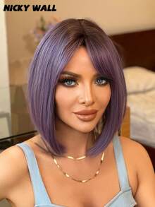 NICKY WALL Ombre Short Ash Purple Wigs For Women 10 Inch Straight Bob Wig With Side Bangs Fashion High Density Wig Synthetic Heat Resistant Fiber Soft Locs Wig For Girls Daily Party Use - Purple - View 4