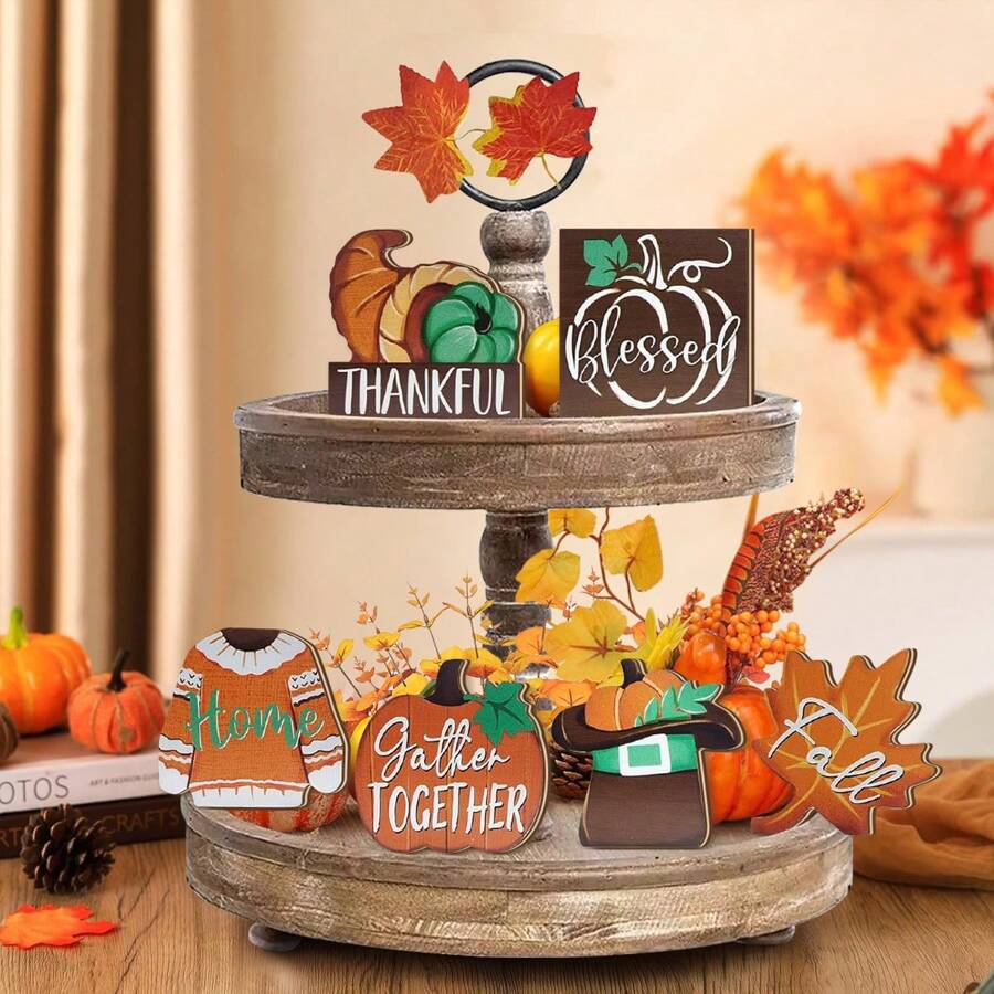 1/90 Juegos disponibles, Set de 6 piezas Decoración de escritorio retro de madera con tema de otoño, cosecha, calabaza y suéter de la temporada, para decoración de fiestas, restaurantes, habitaciones y hogar (sin bandeja)