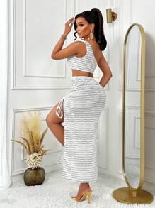Conjunto de dos piezas de top corto de un hombro y falda con abertura en el muslo, de tela con textura, sexy y de moda para el verano, perfecto para vacaciones en la playa y salidas