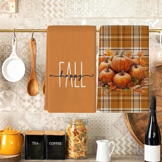 Un Set de 2 piezas de toallas con tema de otoño, diseñadas con estampados de hojas de calabaza y arce, lavables a máquina, resistentes al calortant, absortas y reutilizables. Es un regalo ideal para decoración de habitación, toallas de cocina y baño, decoración para fiestas, hogar e ideal tanto para otoño como para Acción de Gracias.