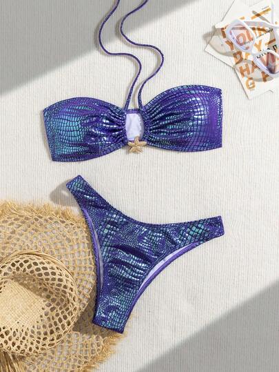 wohenmeili Fashionable New Glossy Fabric Pattern Sexy Bikini Women's 2 Pieces Set, With Cute Star Accessories, Personalized Beach Party Swimwear