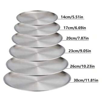 时尚耐用的不锈钢托盘，有多种尺寸可供选择，可重复使用的拉丝金属盘子，金属圆盘，即食盘子，甜点盘子，沙拉盘子，霜涂层盘子，甜点圆盘，抛光金属圆形餐盘，适合家庭和户外使用，适用于沙拉/披萨/野餐/烧烤/牛排/小吃/汉堡/鸡尾酒和蛋糕，非常适合感恩节、圣诞节、万圣节、新年、除夕。