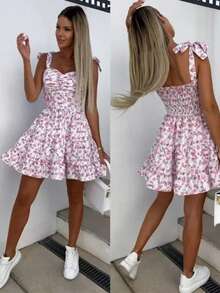 New Women's Lace-Up Bow Small Floral Print Cinched-Waist One-Piece Mini Skirt - White - View 2