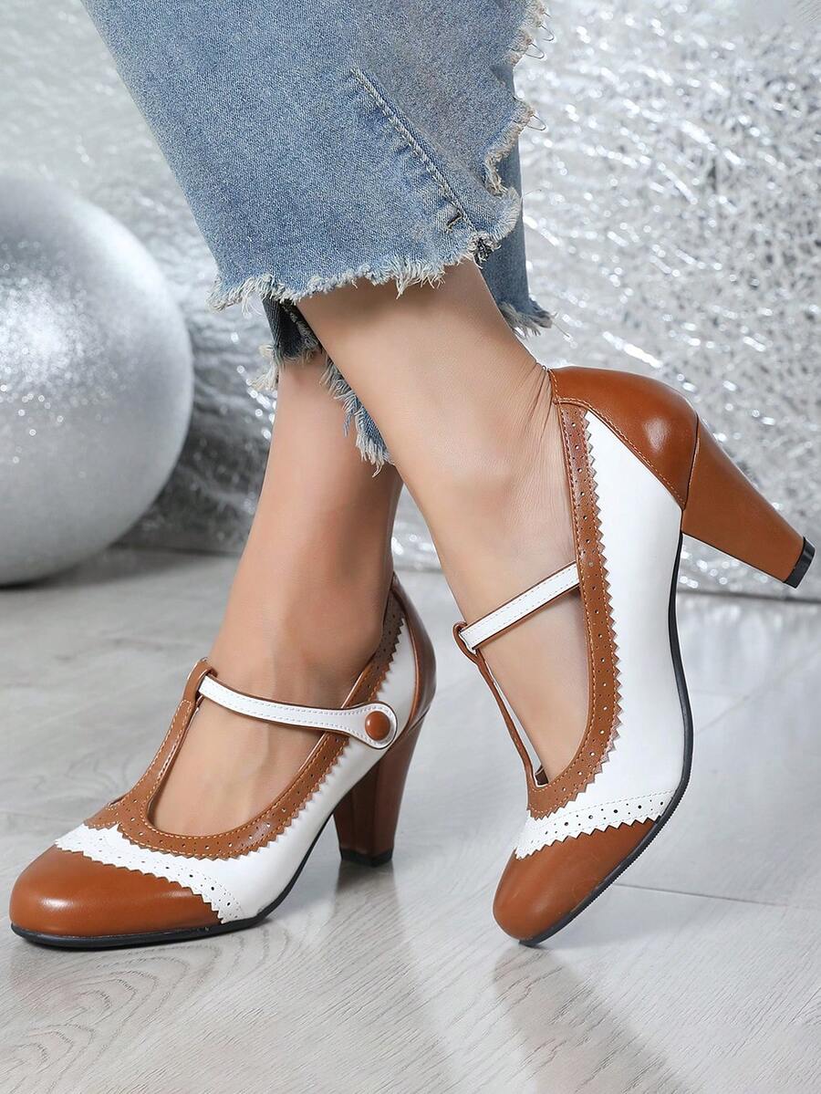 Women's Vintage Mary Jane High Heels, Retro T - Strap Pumps For Party & Daily Wear - Nâu/Trắng - Xem 1