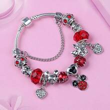1 Pc Red Crystal Cartoon Charm Bracelet Silver Plated  Heart Bead Fashion Jewelry Gift For Women - Red - View 3