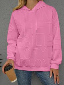 Plus Size Women Casual Letter Knitted Jacquard Long Sleeve Hoodie Sweatshirt