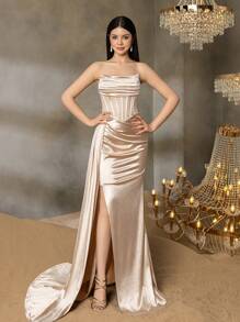 Alisa&Leo 优雅露肩青少年礼服，配有层叠侧边丝带和荷叶边紧身胸衣设计 - 非常适合舞会、毕业典礼、黑色领带晚会、婚礼招待会和豪华晚会