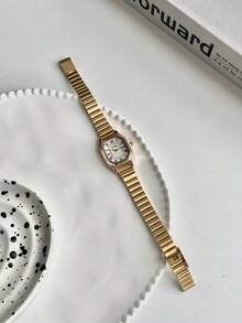 1 件全新金银罗马数字表盘竹表带方形女式石英表奢华时尚女士腕表不锈钢表链优雅百搭适合商务休闲穿着复古矩形