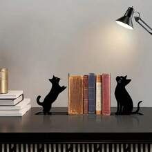 2 件铁猫形书挡，重型金属书桌书挡，带有奇思妙想的猫咪图案，带圆角的装饰性书挡，书夹，适用于办公室、图书馆、书架、书桌装饰