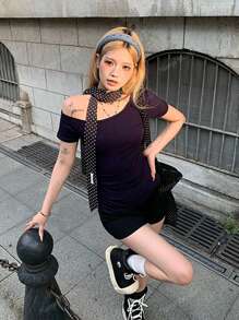 Chic Asymmetric Neck Short Sleeve Fitted Cropped T-Shirt Blouse