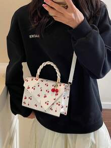 Girls' Cute Cherry Print Women's Wallet, Woven Handle Women's Handbag, Asymmetric Women's Tote Bag, Flap Cover Women's Shoulder Bag, Suitable For Girls, Office, Daily Commute, Casual, Photography, Holidays, Gifts - Multicolor - View 5