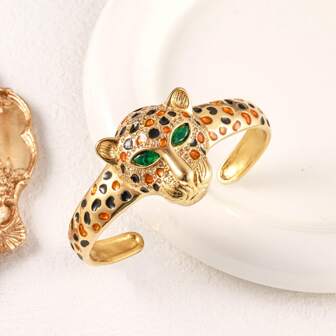 1pc Fashionable Unique Exaggerated Gold Stainless Steel Resin Inlaid Zirconia Leopard Head Design Open Bangle Bracelet, Suitable For Daily Wear And Gift Giving