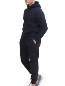 COUDER Men's Hooded Tracksuit Sweatshirt & Plain Jogger Pants 2Pc Set With Pocket, Solid Colour And Drawstring - Navy Blue - View 2
