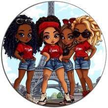 Cuatro niñas frente a la Torre Eiffel Señal redonda de metal de 7.8x7.8 pulgadas para decoración - Multicolor - Ver 1