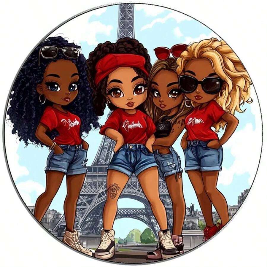 Cuatro niñas frente a la Torre Eiffel Señal redonda de metal de 7.8x7.8 pulgadas para decoración - Multicolor - Ver 1