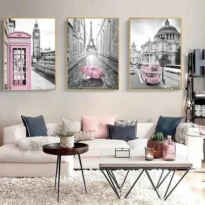 3pcs Wall Art Poster Modern Art Canvas Poster Eiffel Tower Girls Bedroom Decoration Lightpink Paris Theme Wall Art Living Room Corridor Decor