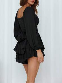 Womens Long Lantern Sleeve Square Neck Bodysuit Jumpsuit Solid Color Pleated Playsuit Rompers - Black - View 4