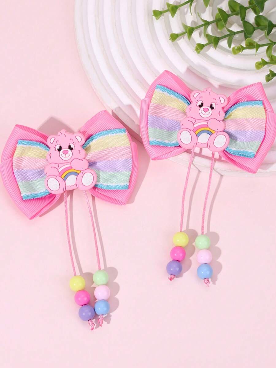 2/6 kẹp tóc hình gấu hoạt hình cho bé gái - Nơ satin hai lớp in họa tiết sọc cầu vồng & màu trơn, điểm nhấn đuôi đính hạt nhiều màu - Phụ kiện tóc đáng yêu, vui tươi, rực rỡ cho sinh nhật, hẹn hò, hóa trang & mọi mùa (Hồng/Xanh dương/Tím) - Nhiều màu - Xem 1