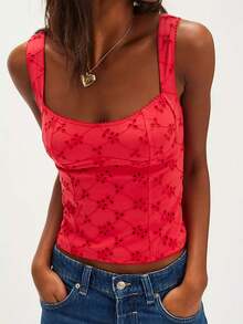 Women Summer Crop Tank Tops Y2k Eyelet Floral Square Neck Backless Vest Top Slim Fitted T Shirt Going Out Tops Tight Lace Up Camisole Beach Vacation Tops Streetwear Aesthetic Clothes - 紅色 - 查看 1