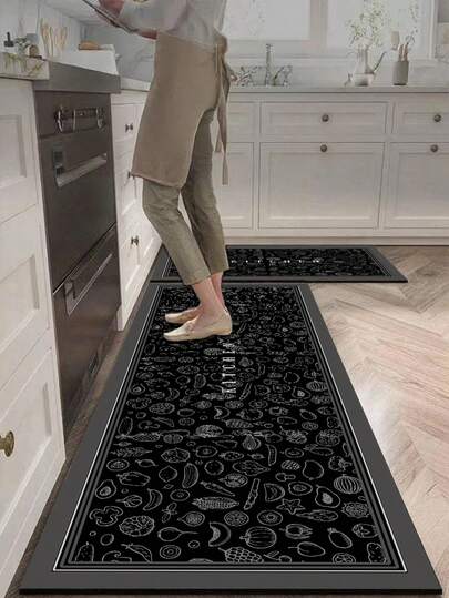 1 قطعة حصيرة أرضية مطبخ من جل السيليكا مع رسومات بسيطة للخضروات والفواكه والأدوات المطبخية، نص "مطبخ" على خلفية سوداء بإطار أبيض، مناسبة لديكور المطبخ والحمام وديكور عيد الميلاد وسجادة المطبخ