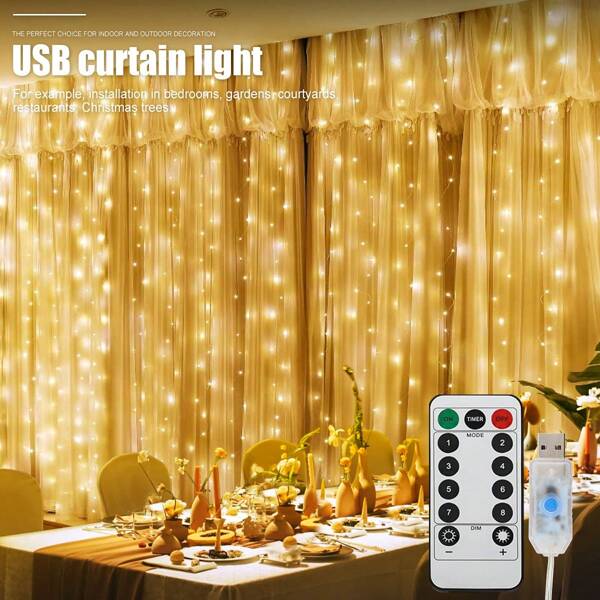 1PC 3M 100/200/300 LED Curtain String Lights, USB-Powered Hanging Curtain Decorative Lights With 8 Lighting Modes And Remote Control. Suitable For Room, Party, White Wall Decoration, And Holiday Decorations Such As Christmas, Halloween, Thanksgiving, And Back-To-School Season.