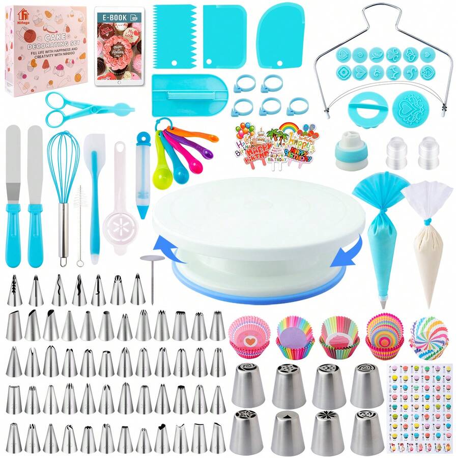Cake Decorating Supplies Kit Tools 356pcs, Baking Accessories With Cake Turntable, Pastry Piping Bag, Piping Icing Tips For Beginners - Blue - View 1