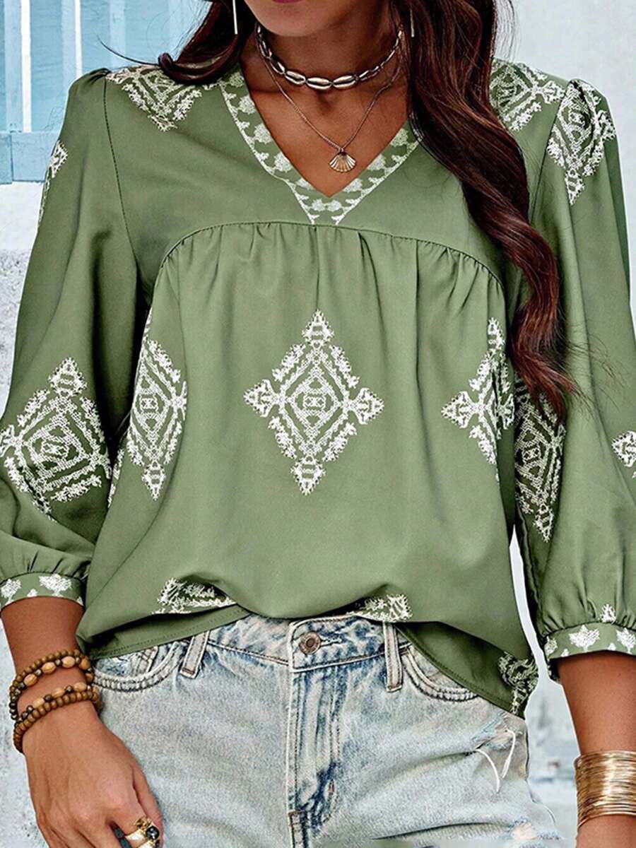 Women's Casual V Neck Geometric Print Chiffon Blouses 3/4 Sleeve Vintage Summer Tops Shirts - 綠色 - 查看 1