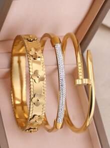 3 قطع / 1 قطعة سوار مطلي بالذهب الأصفر عيار 18 قيراط من الفولاذ المقاوم للصدأ على شكل رباعي ورقة البرسيم، مناسب للحفلات والاستخدام اليومي للنساء، بأسلوب أوروبي وأمريكي، مميز وفاخر، مرصع بالزركونيا المكعبة، مجموعة مجوهرات للزفاف، هدية للبنات والنساء والأقارب والأصدقاء، لمناسبات الزفاف والأعياد والعيد الحب