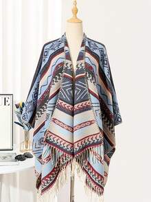 1 Pieza de Chal Retro con Flecos de Jacquard para Calentar y Proteger del Sol, Cárdigan Grueso Oversize, Chal de Viaje Retro, Chaqueta Vaquera a Prueba de Viento