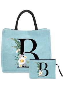 Sunflower & Daisy, Letter A-Z Print Blue Linen Tote Bag, Perfect Holiday Gift, Multifunctional Portable Handbag/Shoulder Bag, Fashion Minimalist Linen Bag, Large Capacity Storage Bag, Gift For Women, Teacher's Day Gift, Cosmetic Bag - Blue - View 23