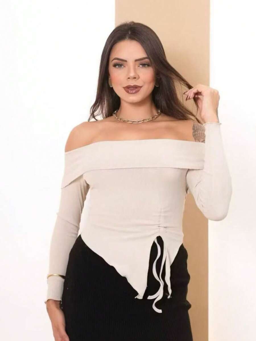 Women's Off-The-Shoulder Long-Sleeved Blouse With Gathered Edges, One Size Fits All - 米色 - 查看 1