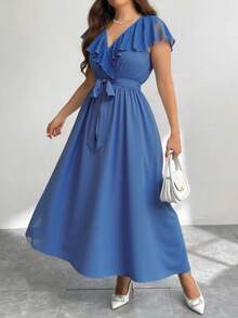 Vestidos de Gasa de Talla Grande para Mujer, Vestidos Casuales de Manga Corta para Mujer, Vestidos de Cuello con Volantes de Lunares para Dama, Vestidos Refrescantes para Mujer con Cinturones, Adecuados para Usar En Vacaciones de Verano - Azul - Ver 2