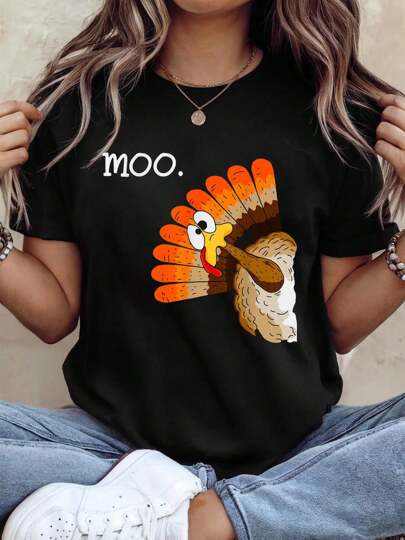 100% Cotton Thanksgiving Graphic Women T Shirt Turkey Moo Funny Thanksgiving T-Shirt