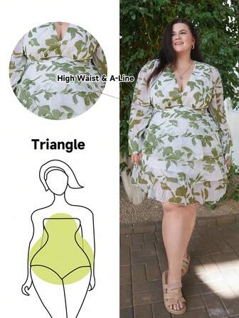 Truni 大码时尚印花V领多层宽松休闲长袖连衣裙