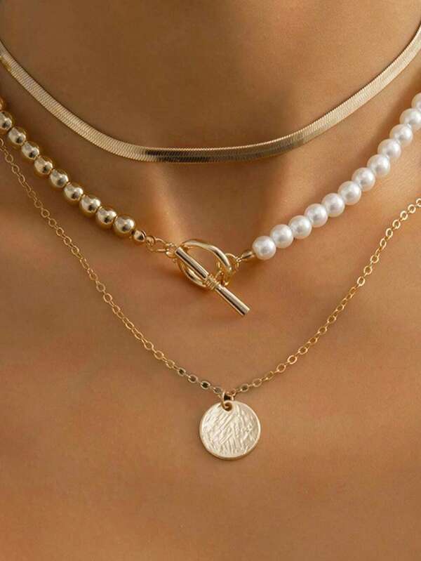 3pcs/Set Elegant Faux Pearl Beaded Necklace Set, Fashionable Metal Flat Snake Chain Necklace With Simple Gold Star & Moon Pendant, Suitable For Daily Wear, Holiday Gifts, Women Jewelry