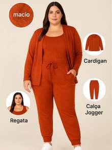 Plus Size 3 Piece Wool Set Cardigan Tank Top Pants Simple Casual Elegant - Mocha Brown - View 2