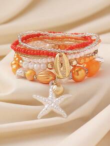 7pcs/4pcs Ocean Inspired Faux Pearl Resin Starfish & Shell Beaded Layered Bracelets Set, Boho For Women, Beach, Vacation, Casual Wear, Holiday Gift - White - View 5