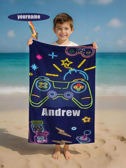 1pc Customized Gaming Console Pattern & Text Printed Beach Towel, Personalized Bath Towel, Gaming Design, Kids Beach Towel, Pool Towel, Bathroom Towel, Holiday Gift, Beach Essential, Outdoor Travel, Beach, Pool, Bathroom, Carry-On, Bath Towel, Kids Beach Towel, Kids Holiday Essential, Holiday Essential For Boys