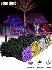 1 个户外太阳能 LED 灯串，IP65 防水，8 种照明模式，童话仙女装饰灯，适用于花园、庭院、露台、派对、圣诞树、婚礼、节日装饰、圣诞节、万圣节、情人节、新年氛围装饰灯，200/100/50/20 LED（暖白/白/彩/紫）