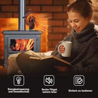 6-bladig spisfläkt - Lämplig för spis, kamin, vedspis, med temperaturmätaredriven spisfläkt