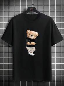 Camiseta Casual Negra para Hombre con Gráfico de Oso Genial - Ligera, Transpirable, de Poliéster, Cuello Redondo, Manga Corta para Verano - Negro - Ver 1