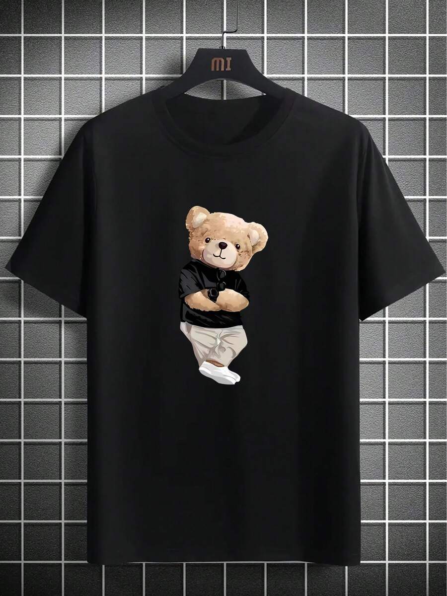 Camiseta Casual Negra para Hombre con Gráfico de Oso Genial - Ligera, Transpirable, de Poliéster, Cuello Redondo, Manga Corta para Verano - Negro - Ver 1