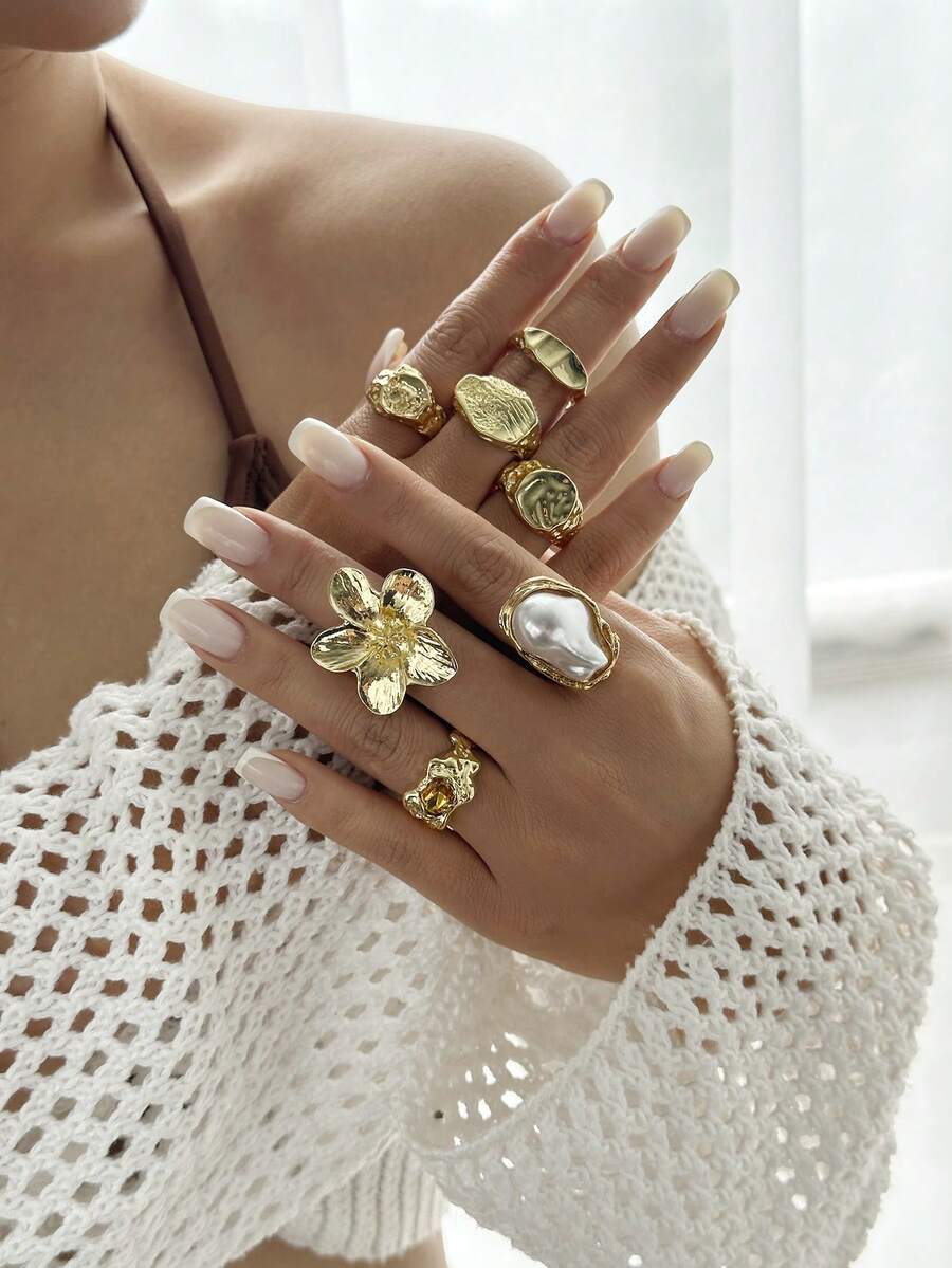 7 Peças Conjunto de Anéis Líquidos Vintage, Anéis de Articulação de Luxo para Mulheres, Adequado para Festas, Presentes e Uso Diário