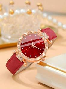5pcs/Set 1pc Girls PU PU Watch Band Fashion Rhinestone Decorated Star Pattern Round Dial Quartz Watch &4pcs Butterfly Jewelry Set For Everyday Life Back To School - Red - View 4