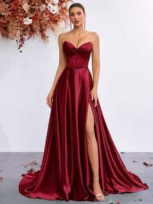 ADYCE Robe maxi élégante sans bretelles à encolure en V, taille haute, fendue dans le dos avec nœud, convient pour les bals, le Nouvel An et autres occasions