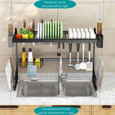 RETON Over The Sink Dish Drying Rack, 2 Tiers Large Stainless Steel Dish Drainer With Cup Holder, Utensil Basket, Cutting Board Rack, Kitchen Counter Organizer Shelf
