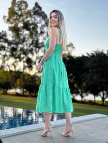 MIDI DRESS WITH TIES ON THE LAISE STRAPS - Green - View 4