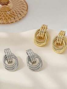 4pcs Fashion Gold & Silver Hoop Earrings For Women, Thick Stainless Steel Personalized Pendant Earrings, Lightweight & Hypoallergenic, Suitable For Daily Wear