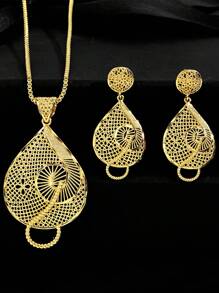 SEQUITO 3 Stücke Set aus temperamentvoller gelb-goldener, vergoldeter Hochzeits-Party-Kleid-Accessoires, Cut Out, großer Wassertropfen-Anhänger, Halskette, lange Hänge-Ohrhänge, Brautschmuck
